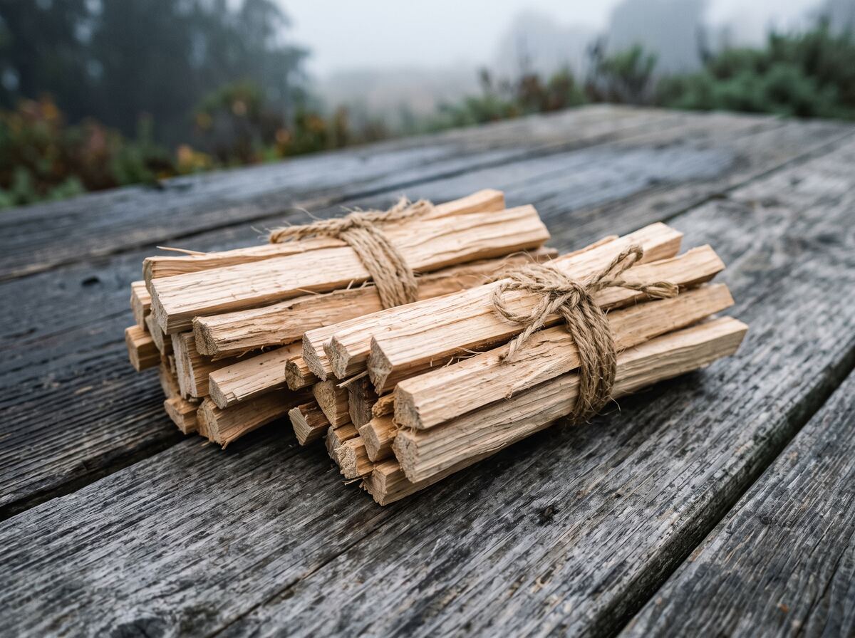 Two bundles of dry split kindling tied with jute twine on weathered grey boards
