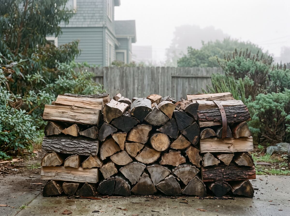 A stacked face cord of mixed split hardwood — oak, maple and cherry — in a foggy San Francisco side yard