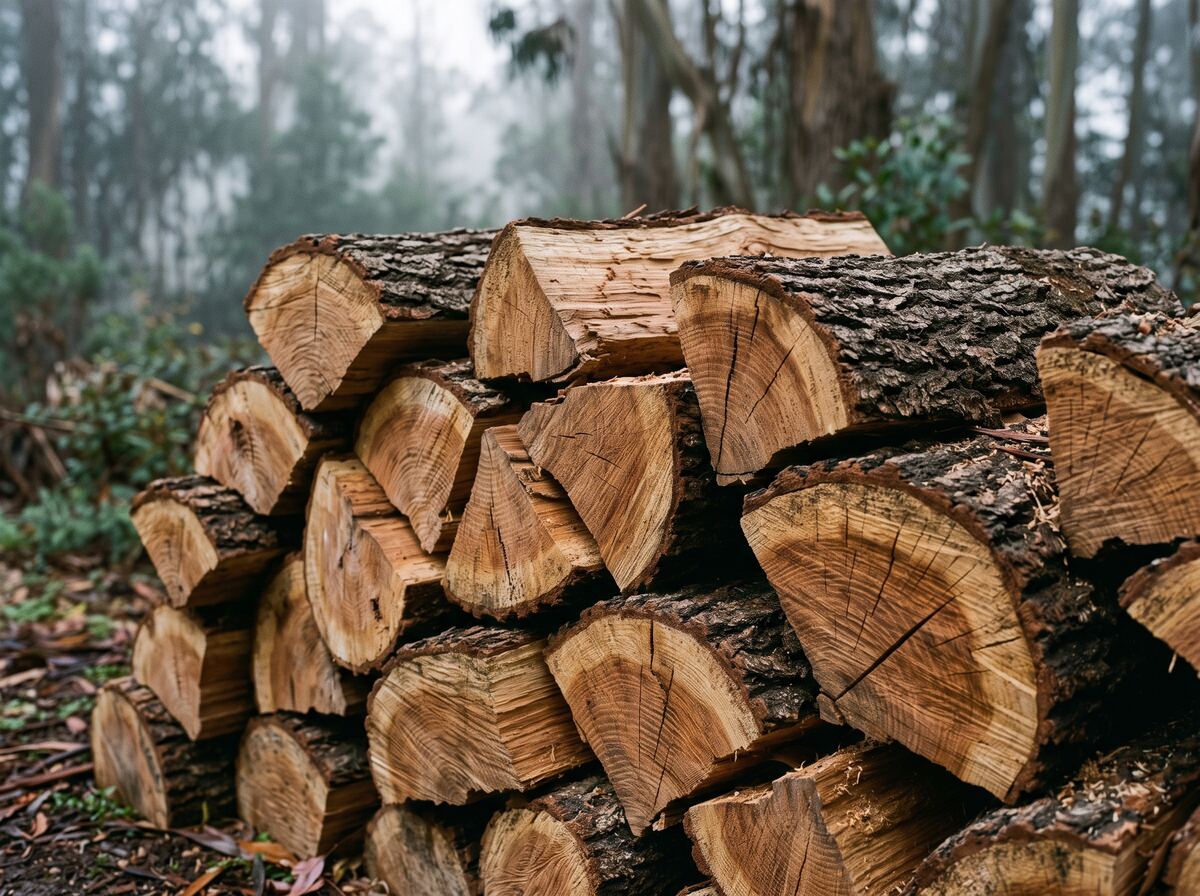 Close-up of seasoned split oak firewood showing warm end grain and deep radial seasoning checks