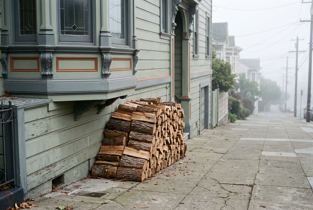 Split hardwood stacked in a neat rick against the bay window of a painted San Francisco Victorian